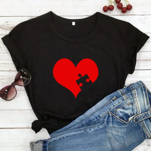 Puzzle Red Heart Print Couple T Shirt - Image 3