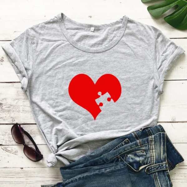 Puzzle Red Heart Print Couple T Shirt - Image 7