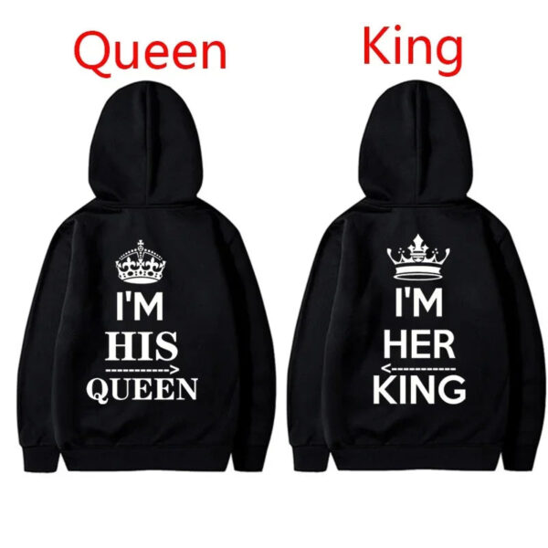 NEW Couples Hoodies I'M HIS QUEEN And I'M HER KING Print Hooded Long Sleeve Couple Queen King Sweatshirt Women Men Pullover - Image 5