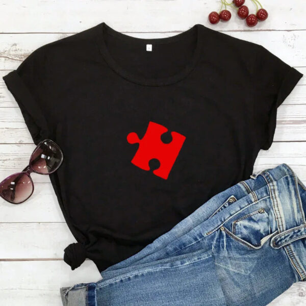 Puzzle Red Heart Print Couple T Shirt - Image 2