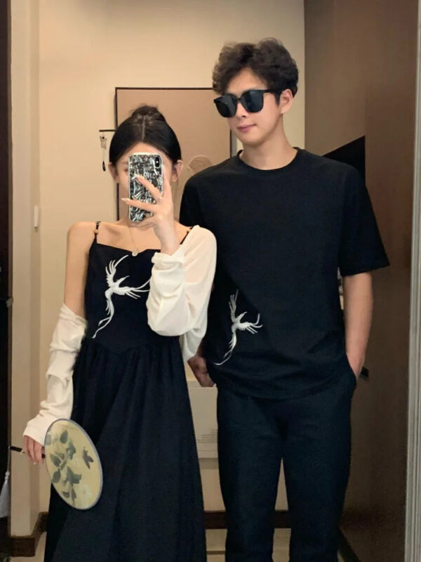 Women Printed Dress With Men T-shirt For Couple - Image 2