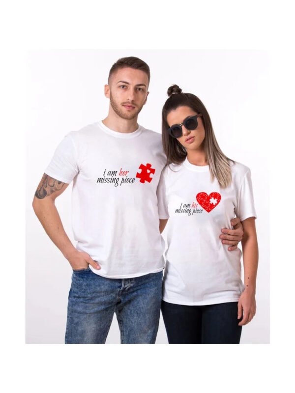 I Am Her And His Missing Piece Printed Couple T-Shirt