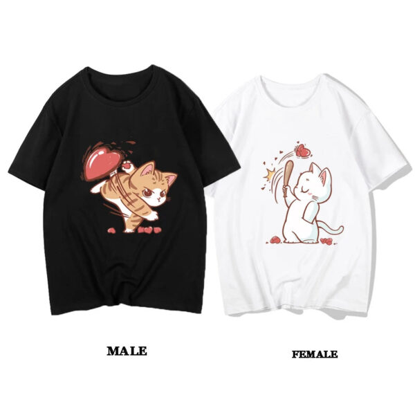 Interesting Cartoon Cat Love Print T-shirts For Couple - Image 4