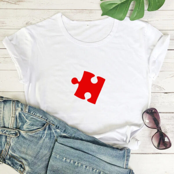 Puzzle Red Heart Print Couple T Shirt - Image 4