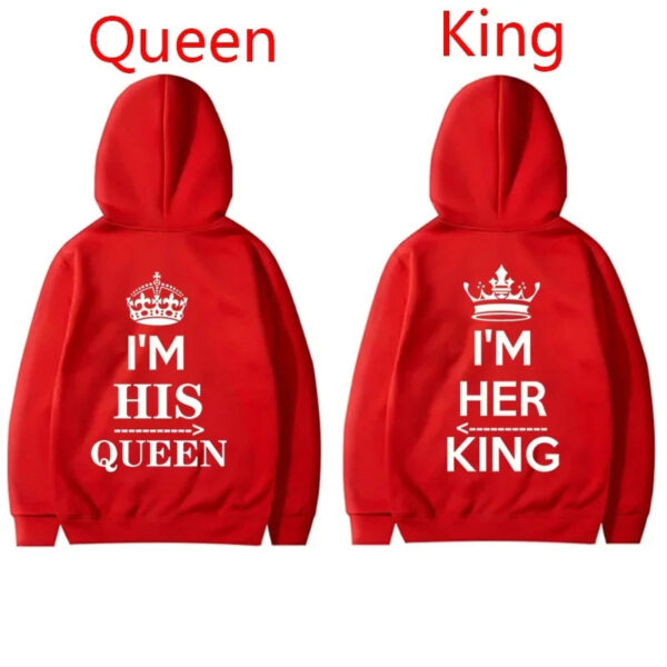 NEW Couples Hoodies I'M HIS QUEEN And I'M HER KING Print Hooded Long Sleeve Couple Queen King Sweatshirt Women Men Pullover - Image 3