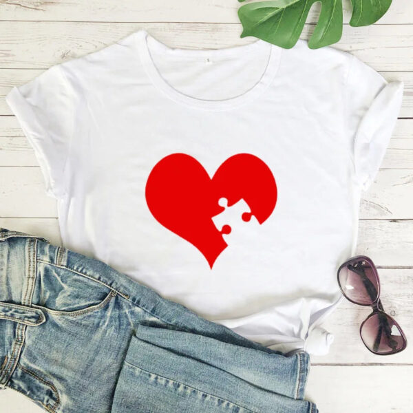 Puzzle Red Heart Print Couple T Shirt - Image 5