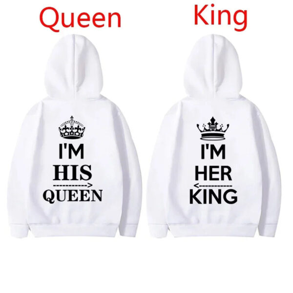 NEW Couples Hoodies I'M HIS QUEEN And I'M HER KING Print Hooded Long Sleeve Couple Queen King Sweatshirt Women Men Pullover - Image 2